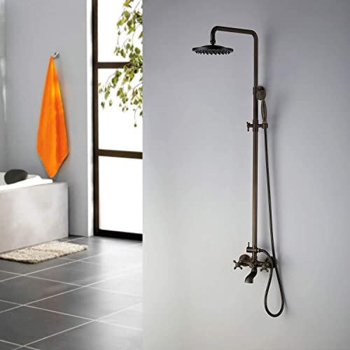 Wall-Mounted 8 Inch Top Spray Shower Faucet Ceramic Valve Antique Brass Shower System Bathroom Rainfall with Spray Shower Brass Faucet Set, B,A,A