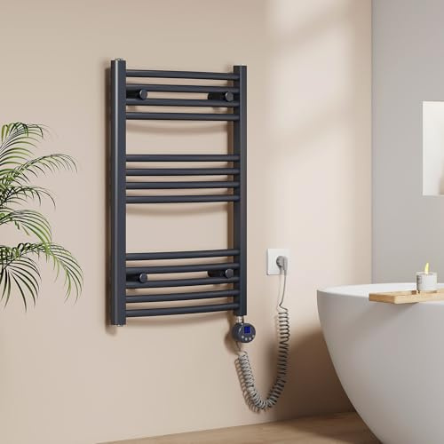 EMKE Badheizkörper Elektrisch 750 x 500 mm, Gebogen Handtuchheizkörper Elektrisch mit Thermostat Elektrischer Handtuchwärmer Handtuchtrockner Anthrazit 300 Watt