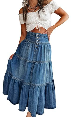 utcoco Women's High Waist Long Denim Skirt Button-Fly Tiered Ruffle Swing A-Line Jean Maxi Skirt with Pockets (Medium, Dark Blue)