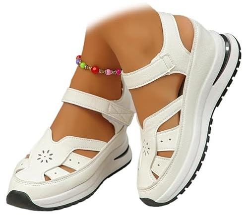 MASHANGGOU Sandalias para mujer, transpirables, sandalias de tacón para mujer, sandalias de tacón cerrado para mujer, sandalias romanas de gladiador de verano, Blanco, 37 EU