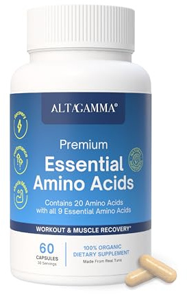 ALTAGAMMA Pure Amino Acids Complex - Protein for Pre/Post Workout, Energy & Muscle Recovery - 9 Essential Amino Acids Supplement (EAA) & BCAAs - Leucine, Lysine, L Tyrosine, L Arginine, 60 Capsules