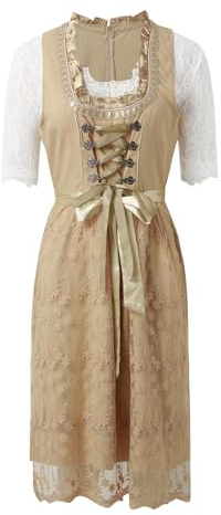 Dirndl Damen Grosse Grössen Trachtenkleid Damen Beige Dirndlkleid Inkl. Dirndlbluse Spitzenschürze 3 Teilig Trachtenkleider Modern Bayerisches Kostüm Raffinierte Dirndl für Oktoberfest