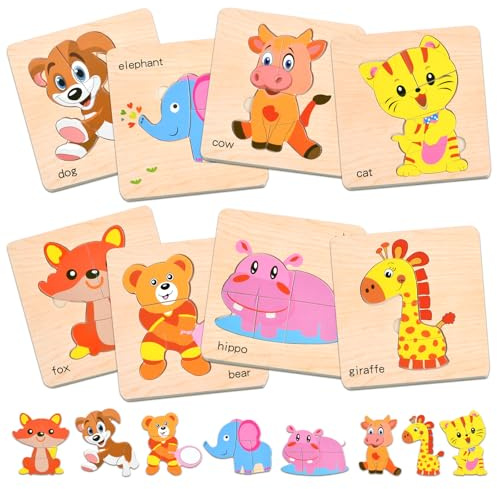 Holz Puzzle ab 1 2 3 Jahre, 8 Stück Holzpuzzle Montessori Spielzeug für Kleinkinder Lustige Tierpuzzle Pädagogisches Lernspielzeug Motorikspielzeug Steckpuzzle Geschenk für Baby Jungen Mädchen (Zoo)