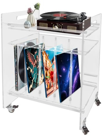 Plattenspieler Ständer aus Acryl 46x35x63cm, 3-stöckig, transparent Acryl Beistelltisch mit 4 Räder Modern Plattenspieler Tisch,Max. 20kg