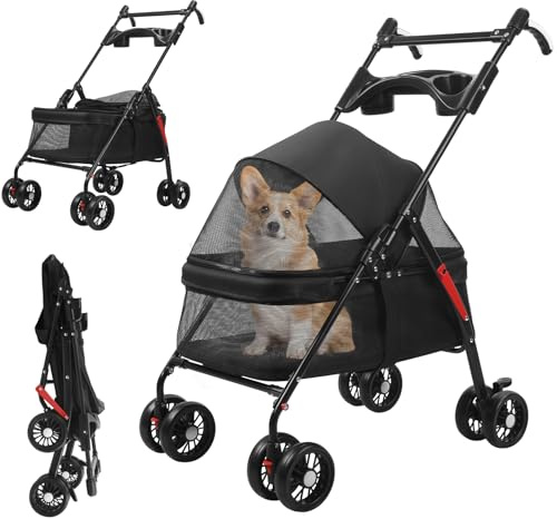 ulafbwur Haustier Kinderwagen für kleine Hunde und Katzen, Faltbarer Hundewagen mit verstellbarem Griff, 4 Räder, atmungsaktives Netzgewebe, Getränkehalter, hundebuggy bis 10kg Schwarz