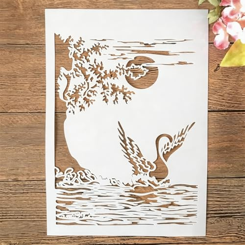 TIAMECH A4 Reusable Swan Lake Stencil for Painting - Spread Wings Swan Moon Layering Template, DIY Wall Art, Wood Furniture, Scrapbook & Crafts (8.3x11.7inch)