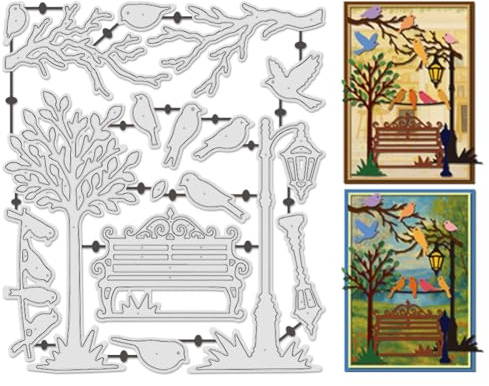 UNICRAFTALE 16pcs Little Bird Metal Cutting Dies Reusable Branch Bench Embossing Cut Stencils Park Background Stencils Dies for Card Making DIY Crafts Scrapbooking Decoration