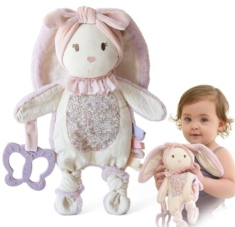 Moonkie Baby Comforter, Bunny Security Blanket with Silicone Teether, Newborn Girl Gifts for Baby Shower & Birthday, Cuddly Toy with Textured Ribbons, Crinkle Ears, Soft Minky Velour & Natural Cotton