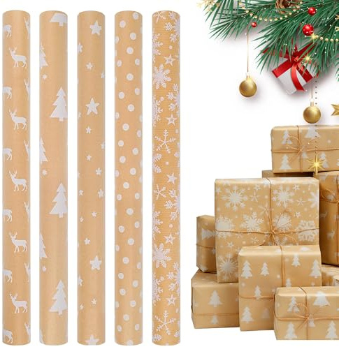 Riisoyu 5 Styles Christmas Wrapping Paper, 43 * 100CM Brown Kraft Xmas Wrapping Papers Roll with Twine Eco-Friendly Gift Wrap Paper for Birthday Baby Shower Wedding Gift Wrap