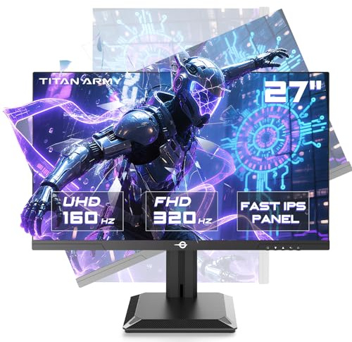 TITAN ARMY UHD Ecran PC Gamer 27, 4K 160Hz | FHD 320Hz Dual Mode, Fast IPS 1ms, DeltaE<2 HDR400 Ecran Gaming, Adaptive-Sync, 135% sRGB, HDMI 2.1, DP 1.4, Support Pivotant et Relevable, P2712V