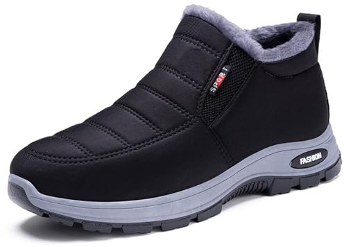 CrazySavage Mens Winter Warm Snow Boots,Wide Toe Lightweight Furry Lining Thermal Winter Shoes,with Arch Support,Casual Outdoor Slip On Waterproof Hiking Short Boots (Black,9)