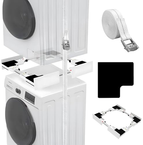 Avilia - Kit di Sovrapposizione per Lavatrice ed Asciugatrice 46-66 cm, Cuscinetti in Silicone Anti-Scivolo, Facile Montaggio con Cinghia a Cricchetto, Supporto Salvaspazio Universale Resistente