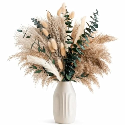 92 Stück Trockenblumen Set Getrocknetes Pampasgras Deko mit Hasenschwanz, Schilf & Eukalyptus – Natürliche Boho Deko für Hochzeit, Wohnzimmer, Tisch & Flur