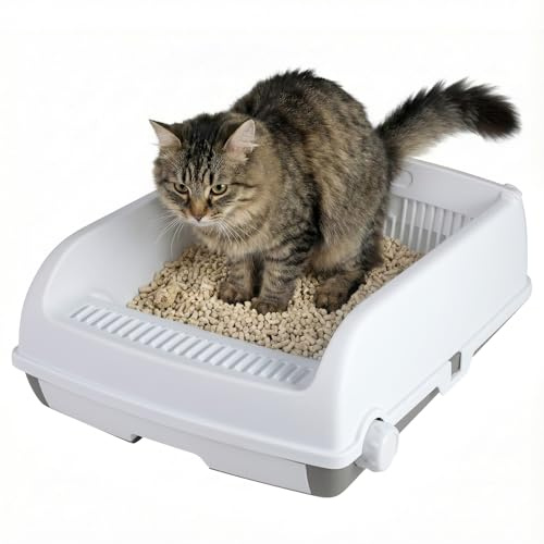 COSTWAY Arenero para Gatos con Bordes Altos, 60x46x24 cm, Caja de Arena para Gatos Semi-Automática a Prueba de Salpicaduras con Bandeja Tipo Cajón, Pala Deslizante y Pedal Filtrante de Arena (Blanco)
