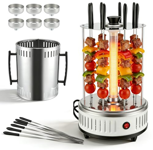 Vertikaler Elektrischer Grill, 1000W Elektrogrill Schaschlikgrill mit 6 Spieße, Rotierende Grill für BBQ, Tischgrill, Verbessertes Glasheizrohr, Langlebig und Leicht zu reinigen für Zuhause, Garten