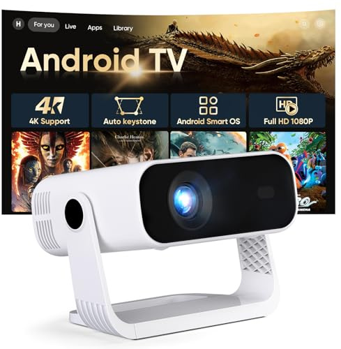 2026 New Smart Projector Built-in Apps, Android 14, Native 1080P 4K Supported WiFi 6 Bluetooth 5.2, 30001Lumens, Low Fan Noise (<30dB), Home Cinema Projector for iOS/Switch /PS5（White-Black）