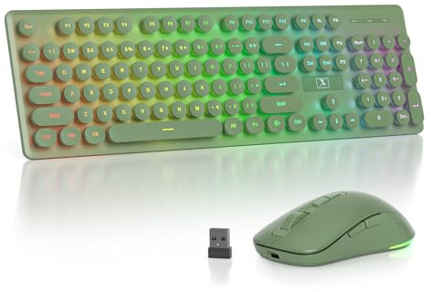 SOLIDEE Beleuchtetes Kabellose Tastatur und Maus Set, 2.4 GHz Wiederaufladbar, Grüne Retro Schreibmaschinen-Tastatur mit Leuchtenden Runde Tasten + USB-Empfänger für PC Laptop Windows(Dark Green)