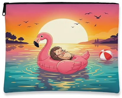 Funny Hedgehog Makeup Bag, Flamingos Lifebuoys Sea Cosmetic Travel Pouch for Women Girls, Portable Small Canvas Zipper Organizer, Animal Toiletry Bag 7x9 Inch