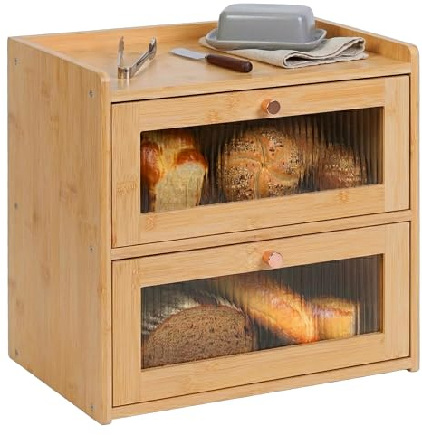 Relaxdays Panera de bambú, 2 estantes, con Ventana, Puertas abatibles, Altura 34 x 36,5 x 24 cm, Color Natural