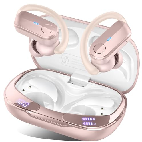Cuffie Bluetooth 5.4 Sport, Auricolari Bluetooth 70 Ore HiFi Stereo,Cuffie Wireless Impermeabili IPX8,4 ENC Cancellazione Rumore Mic,Con Display a LED, Headphones Per Corsa e Sport Estremi, Oro rosa