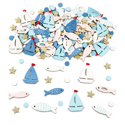 Gleevio 96 Stück Meerestiere Konfetti Holz Streudeko Taufe, Doppelseitig Glitzernde Maritime Tischdeko, Fische Konfetti, Ozean Holzkonfetti für Kommunion, Kindergeburtstag, Jungen & Mädchen Deko