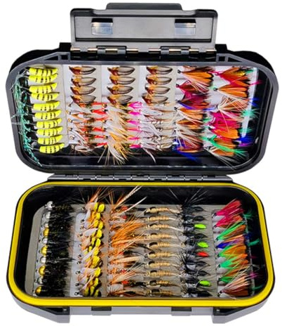 Qitewwrme Juego de moscas para pesca con mosca, 24/38/102/114 unidades, con moscas secas/moscas, ninfas, serpentinas, poppers (114 unidades/caja (11 estilos)