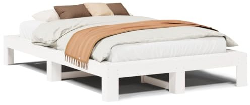 QJBSAVVA Bettgestell 135x190 cm Massivholz Weiß - Stabile Holzkonstruktion mit Lattenrost für Schlafzimmer und Jugendzimmer, Kiefernholz Bett ohne Matratze
