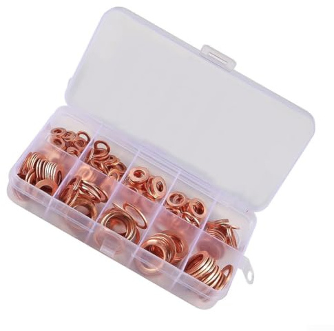 Assortimento di guarnizioni in rame, set di guarnizioni piatte con scatola, rondelle in rame rosso per viti, dadi, bulloni, resistenti al calore, per industria, auto, casa, elettricità (150 pezzi)