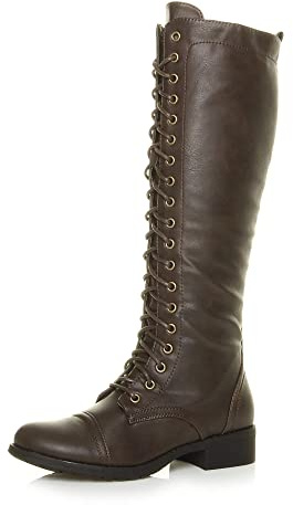AJVANI Womens ladies low heel flat chunky zip lace up calf knee high military biker boots size