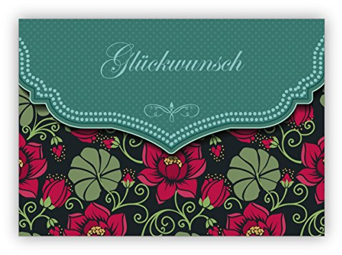 16x Traum Retro Glückwunschkarte mit Vintage Seerosen Muster in grün zur Hochzeit, Taufe, Geburt, Examen etc: Glückwunsch • schöne Gruss Klappkarte mit Umschlag für Freunde und Familie