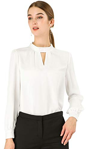 Allegra K Elegante Colletto Alto, a Maniche Lunghe, Girocollo, con Scollo a V, Camicie, Taglia, Bianco, XL