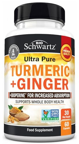 Turmeric Curcumin and Ginger - 95% Standardized Curcuminoids with BioPerine Black Pepper Extract for Ultra High Absorption - Natural Joint Support Supplement - Gluten-Free - 60 Capsules