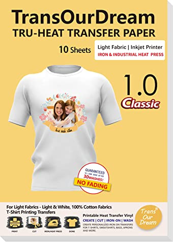 TransOurDream Tru-Light Transfer Paper Printable Heat Transfer Vinyl A4×10 Sheets Iron on Transfers Tshirt Printing Paper Inkjet Printer Transparent Film Mirror Printing (L-1.0-10