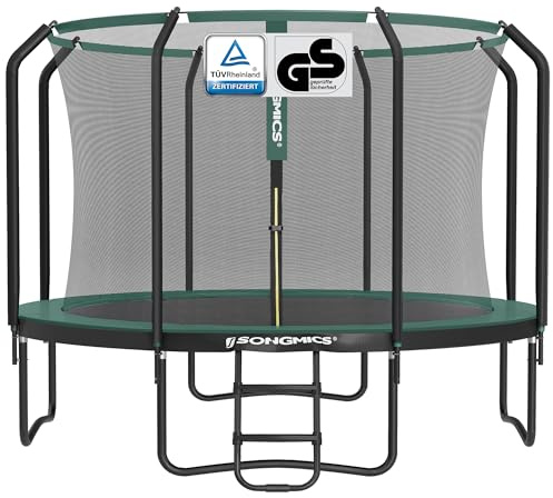 SONGMICS Trampolin 305 cm d, Gartentrampolin für Kinder mit Sicherheitsnetz, 180 cm hohe Stangen, Randabdeckung, Leiter, Stahlrahmen, schwarz-dunkelgrün STR103C01