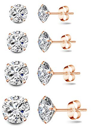Deyanse Damen Silber Ohrstecker, 4 Paare 925 Sterling Silber Zirkonia Ohrringe Set, Hypoallergen Unisex Klein Schlafen Knorpel Ohrstecker mit 5A Zirkonia, 3 Farben, 3, 4, 5, 6mm (Rose Gold)