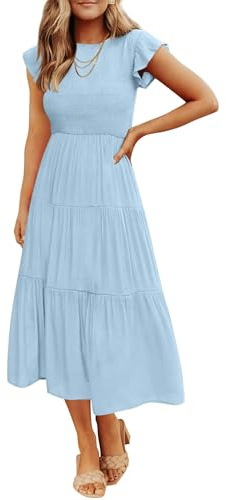 ZESICA Vestido de Verano Casual con Vuelo, Manga Corta, Cuello Redondo, Cintura elástica Fruncida, Vestido Midi Escalonado, Azul/Patchwork, X-Large