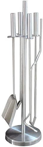 Modernes 5-teiliges Kamin-Begleitwerkzeug-Set – Schaufel, Besen, Zange, Schürhaken und Halter, Edelstahl, Silber