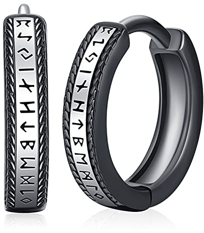 Viking Earrings Men 925 Sterling Silver Black Hoop Earrings Rune aretes de plata para hombre Hypoallergenic Folding Small Earrings for Women