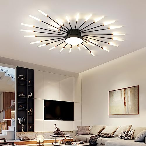 JAYMP 41.3 Ceiling Light Modern Flower Shape Ceiling Lamp for Living Room Dining Room Flush Mount Metal Acrylic Sputnik Firework Petal LED Lighting Fixture (Matte Black, 28+1 Lights)