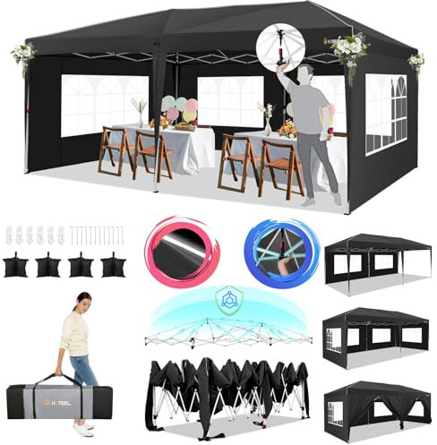 HOTEEL Faltpavillon 3x6 Pavillon Wasserdicht Stabil Winterfest mit 6 Seitenteilen & 4 Sandsäcke, Partyzelt Faltbar UV Schutz 50+ Höhenverstellbar, Pop up Gartenpavillon für Hochzeiten, Freien, Schwarz