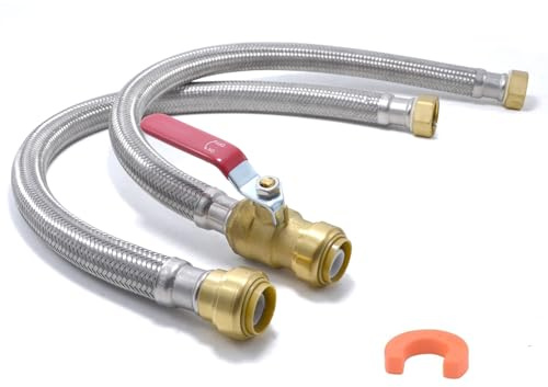 TT FLEX 24 inch Water Heater Connector Kit 3/4 Ball Valve x 3/4 FIP, Water Heater Supply Line, Stainless Steel Braided Flexible Water Heater Hose, Push to Connect Brass Plumbing Fitting