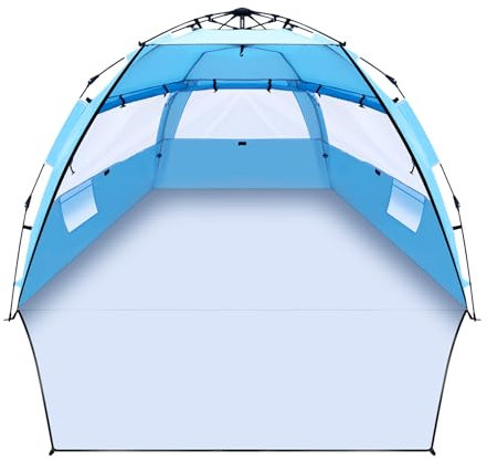 CIXMUS Strandmuschel Quick-Up-Aufbau, 3-4 Personen Strandzelt UV-Schutz 50+, Sonnenschutz Windschutz mit erweiterbarem Boden Sonnenzelt Automatik Tragbar für Familie Camping Garten Strand (Hellblau)