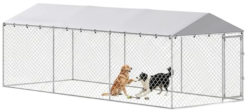 PawHut Kennel Gabbia per Cani da Esterno Grande, Box Recinto per Cani con Tetto Anti-UV Impermeabile Rimovibile, Porta Reversibile, Doppia Chiusura Antifuga, in Acciaio Zincato, 600x230x200cm, Argento