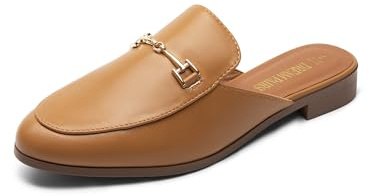 DREAM PAIRS Mules for Women Flats Comfortable Buckle Mules Slip on Slides Backless Loafers Shoes,Size 8.5,Tan-Pu,SDML2401W