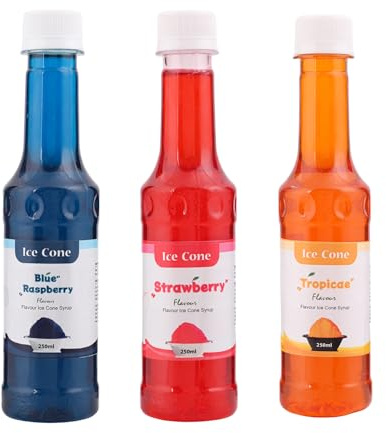 Sirop pour cônes glacés, (250 ml, Blue Raspberry, Strawberry + Tropical)