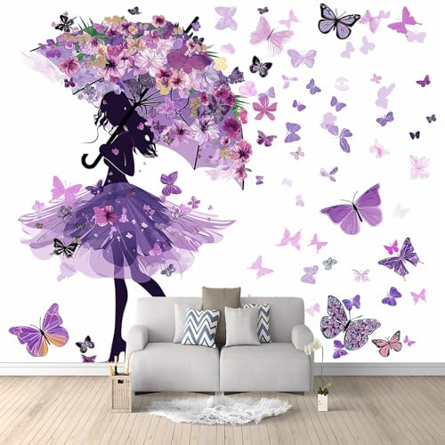 Générique Papier Peint Intissé Motif Floral Fille Papillon Violet 350x256 cm 3D Panoramique Papier Peint pour Salon Chambre Décoration Murale Pour Adolescents et Enfants Murale
