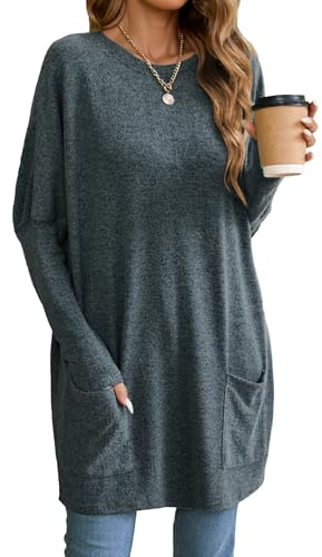 Famulily Women's Outfits Oversized Batwing Long Tops Round Neck Basic Loose Casual Tshirt with Pockets Navy L