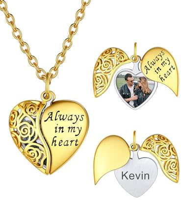 U7 Damen Halskette Medaillon zum Öffnen für Bilder Herz Anhänger mit Engelsflügel/Rose/Schmetterling Kupfer Fotokette mit Gravur Locket Memorial Fotoanhänger Personalisiert Modeschmuck für Geburtstag
