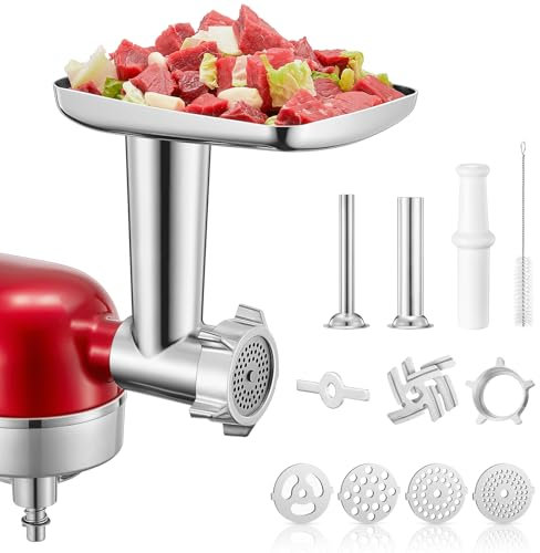 FOHERE Accesorios Picadora de Carne para Kitchen Aid Robots de Cocina, Acero Inoxidable, 2 Cuchillas, 4 Discos, 2 Tubos para Embutir- Accesorio para picar carne