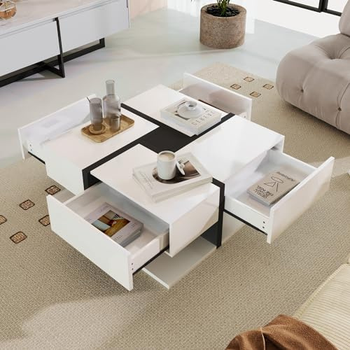 BTM Table Basse Carrée Blanche, Design Lignes, Tiroirs Rangement en Dessous, Moderne Table Basse Table d'appoint Salon, 78x78x36cm